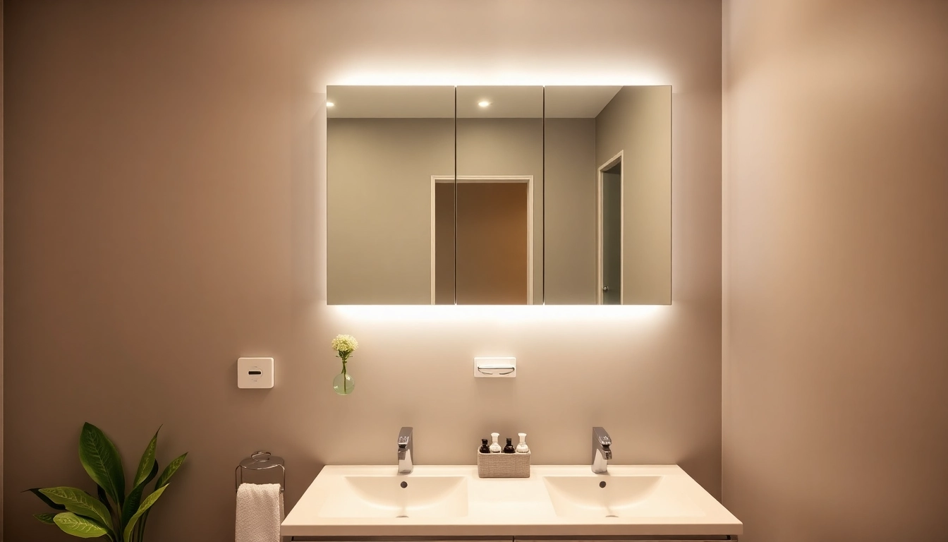 Modernes Bad mit spiegelschrank mit led Beleuchtung über einem Waschbecken, strahlt Eleganz aus.