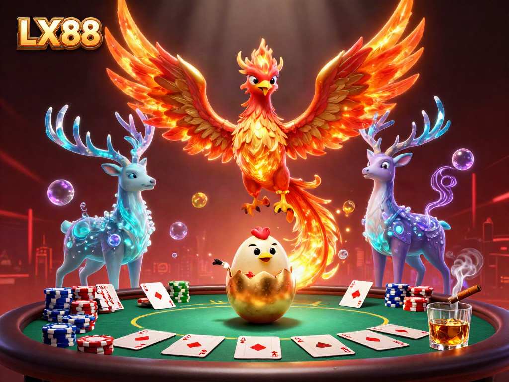 Experience thrilling poker action with LX88 as the majestic phoenix and mystical stag enhance the casino atmosphere.