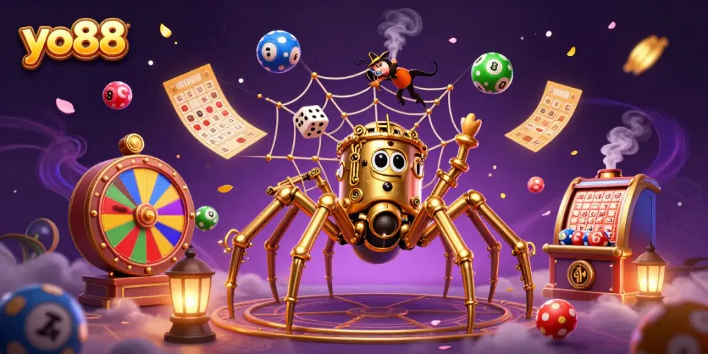 Engaging yo88 illustration of a golden spider and a fly gentleman amidst casino elements and vibrant lottery balls.