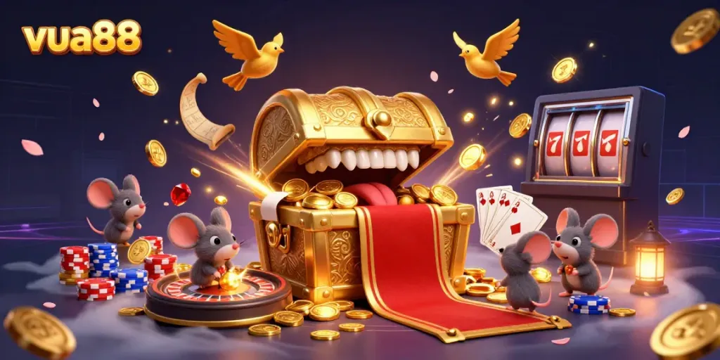 Join the excitement with vua88 in this vibrant casino-themed illustration featuring adventure and riches.