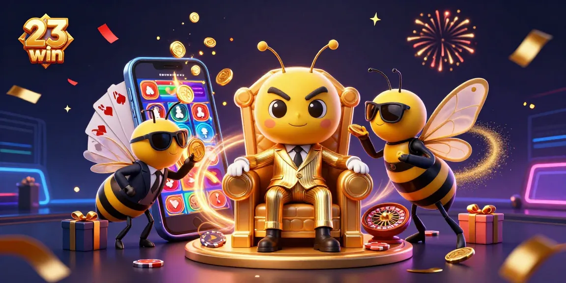 Engage with the vibrant scene of 23win featuring a cartoon bumblebee mob boss amidst dynamic casino elements.