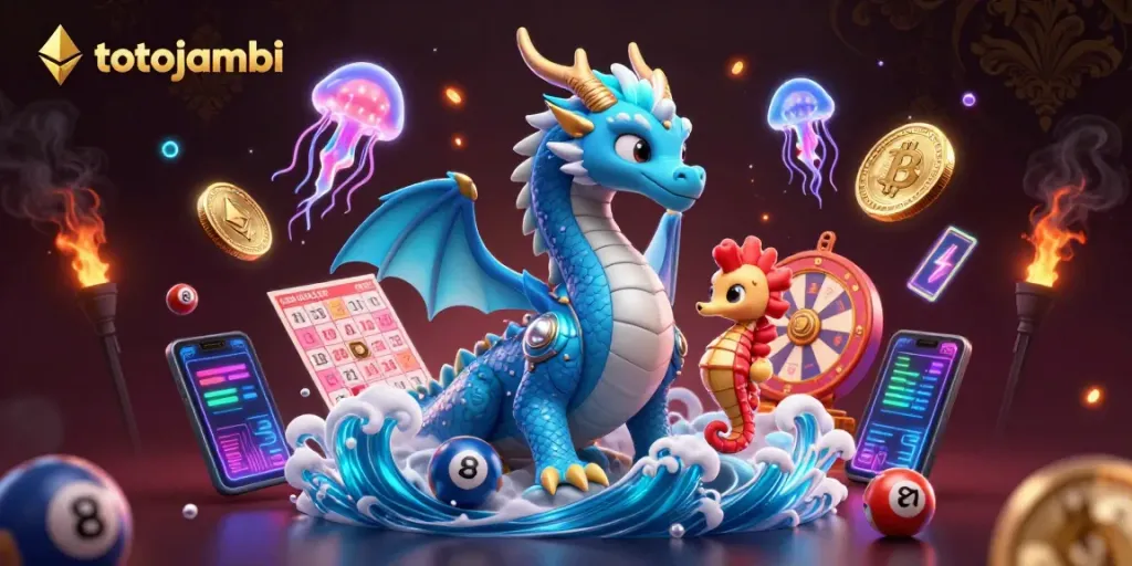 Engage in the thrilling world of totojambi with a magical illustration of a dragon, knight, and neon jellyfish.