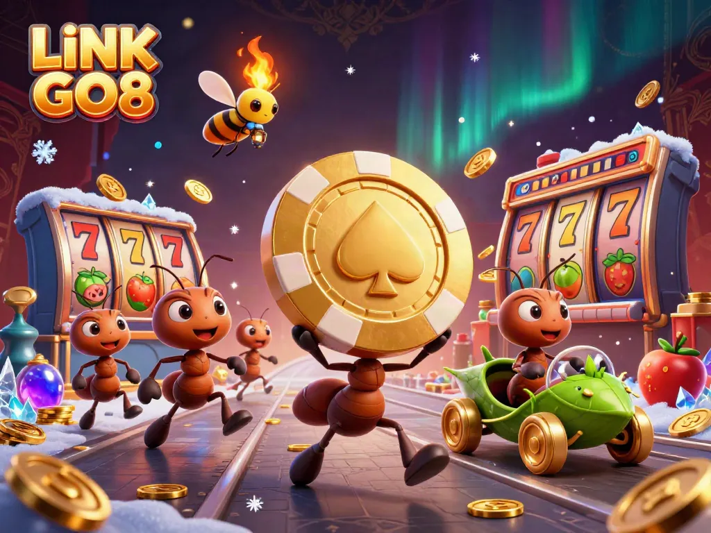 Gear up for a thrilling adventure with LINK GO8 featuring cartoon ants heisting a giant poker chip.