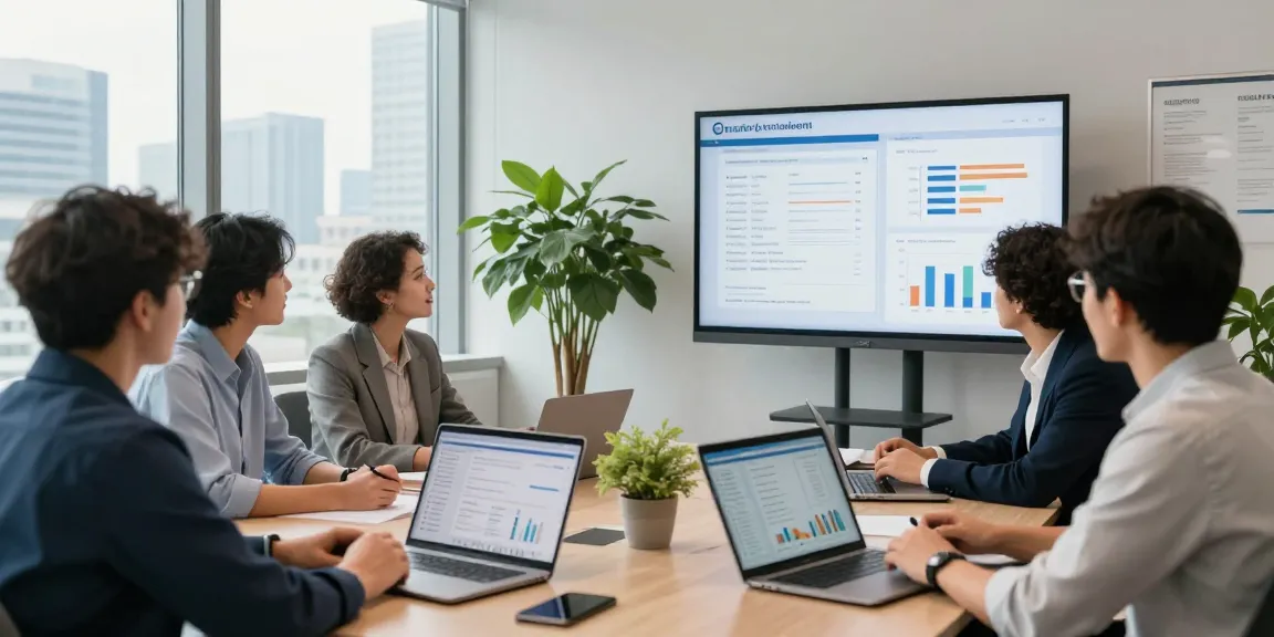 Bewertungsplattform Führung zeigt Team bei der Feedback-Sitzung in modernem Büro.