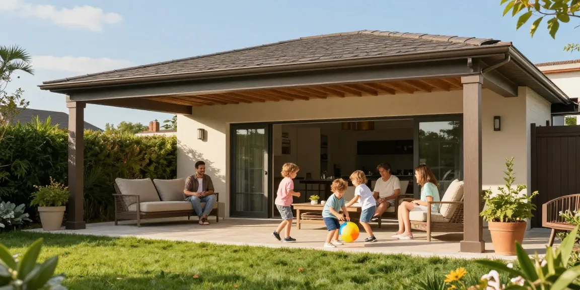 Terrassenüberdachung freistehend im Garten mit Familie und Unterhaltung