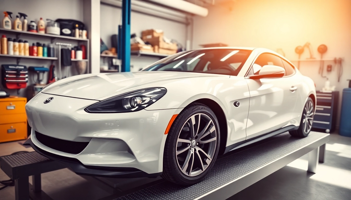 Fahrzeugaufbereitung in einer professionellen Garage mit glänzendem Auto und Detailwerkzeugen.