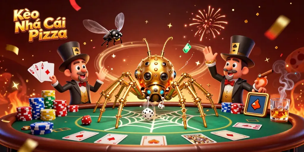 Kèo Nhà Cái Pizza showcases a vibrant 3D illustration of a steampunk spider and poker scene.