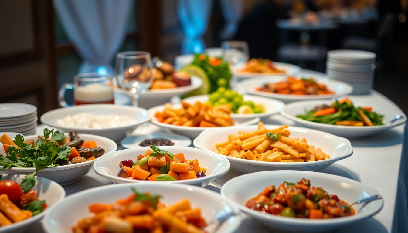 Festliches Catering-Buffet mit einer Auswahl an hochwertigen Speisen und Getränken ansprechend arrangiert.