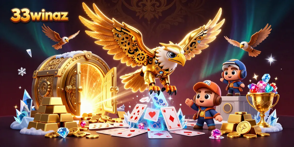 Engage with 33winaz in a vibrant 3D casino scene, showcasing an eagle diving through cards amid treasures.
