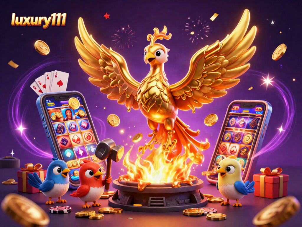 Play and win with luxury111 at this vibrant casino-themed illustration featuring a golden phoenix!