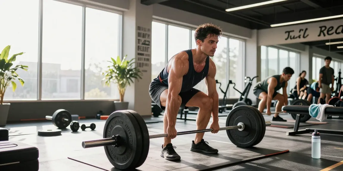 Kraftsportler hebt Gewichte in einem dynamischen Fitnessstudio und zeigt die Trainingsatmosphäre von Steroidshop.