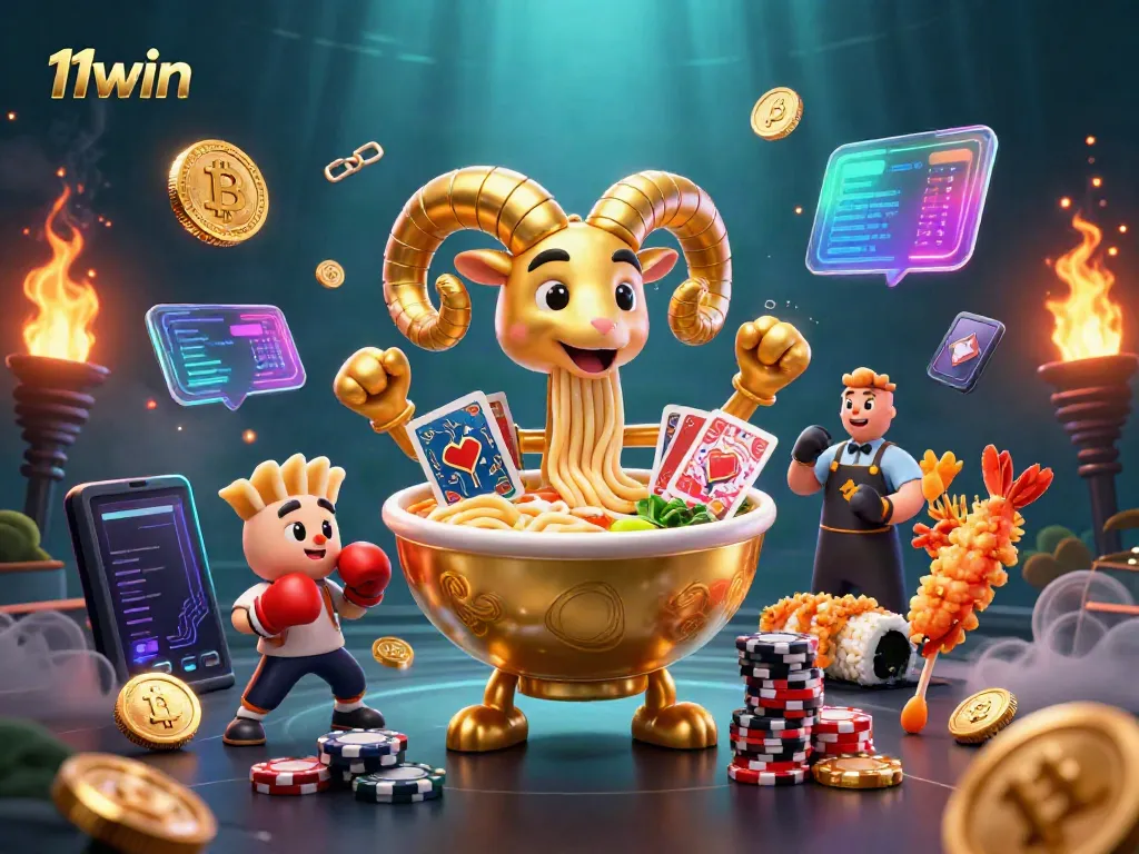 Engage with 11win's dynamic casino adventure as a golden ramen bowl dealer interacts with crypto elements.