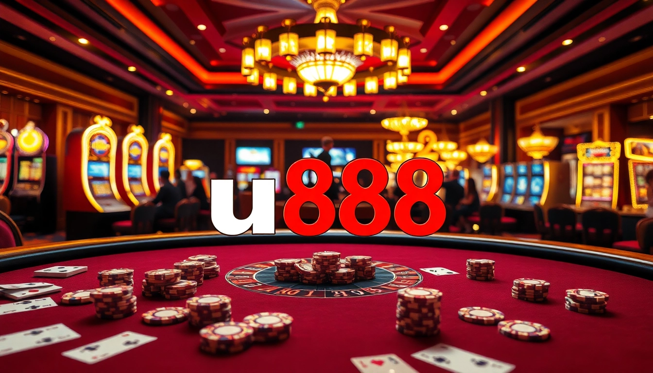 Experience the excitement of u888 at a luxurious casino table with poker chips and a roulette wheel.