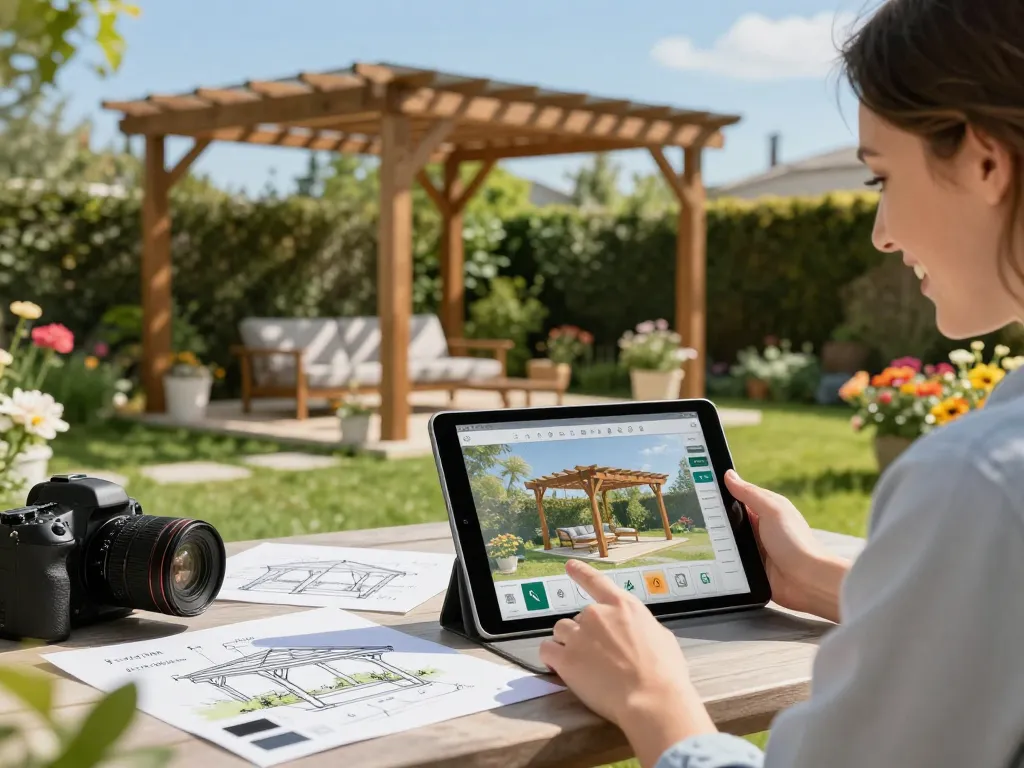 Engagierter Nutzer visualisiert ein 3D-Modell einer Pergola in einem lebendigen Garten.