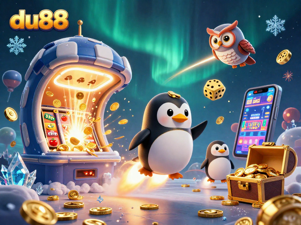 Experience thrilling wins at du88 with a golden penguin and dynamic casino elements in a vibrant space.