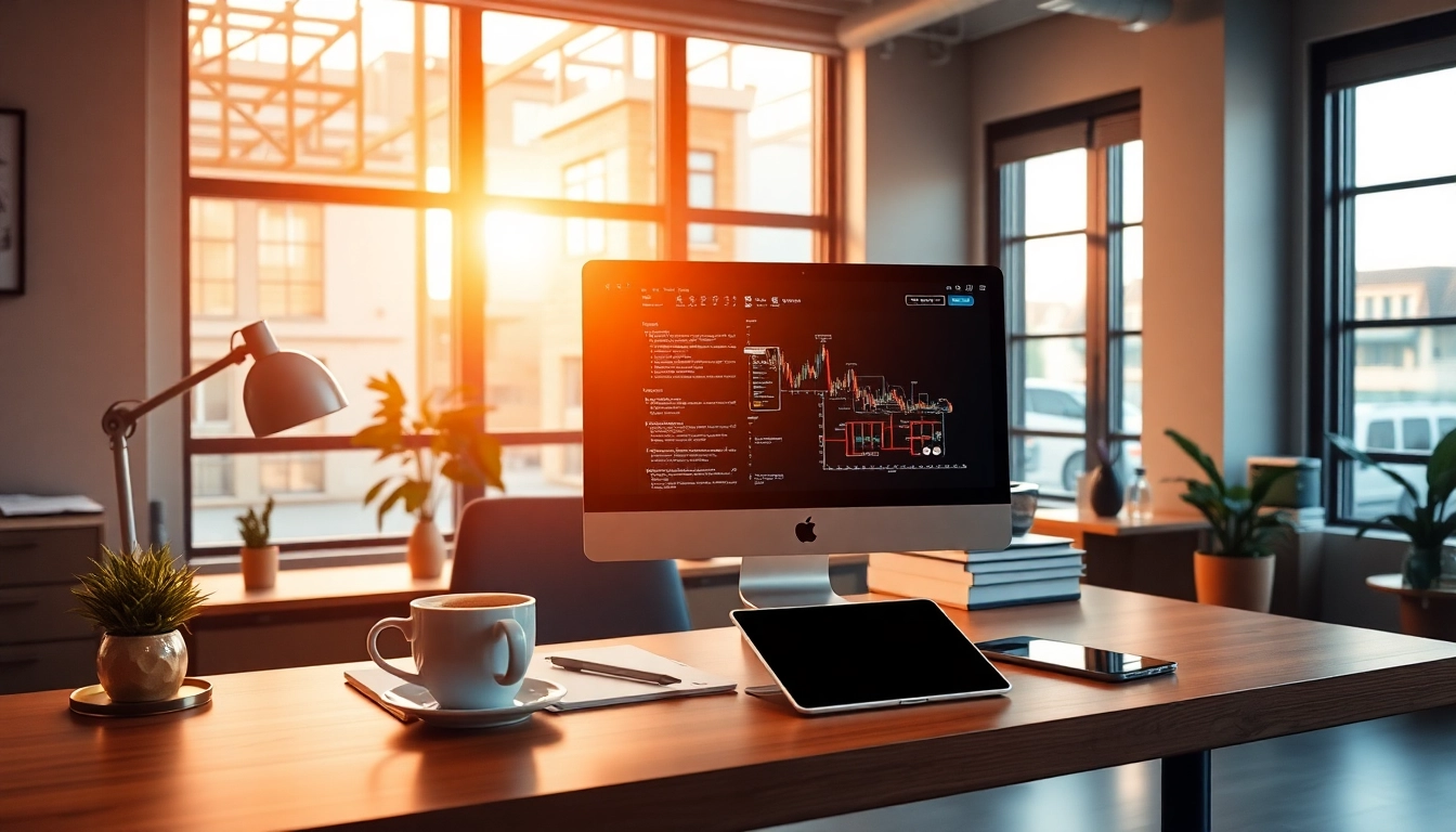 Strategische Planung für digitales Marketing am Computer mit Tablet und Notizen.