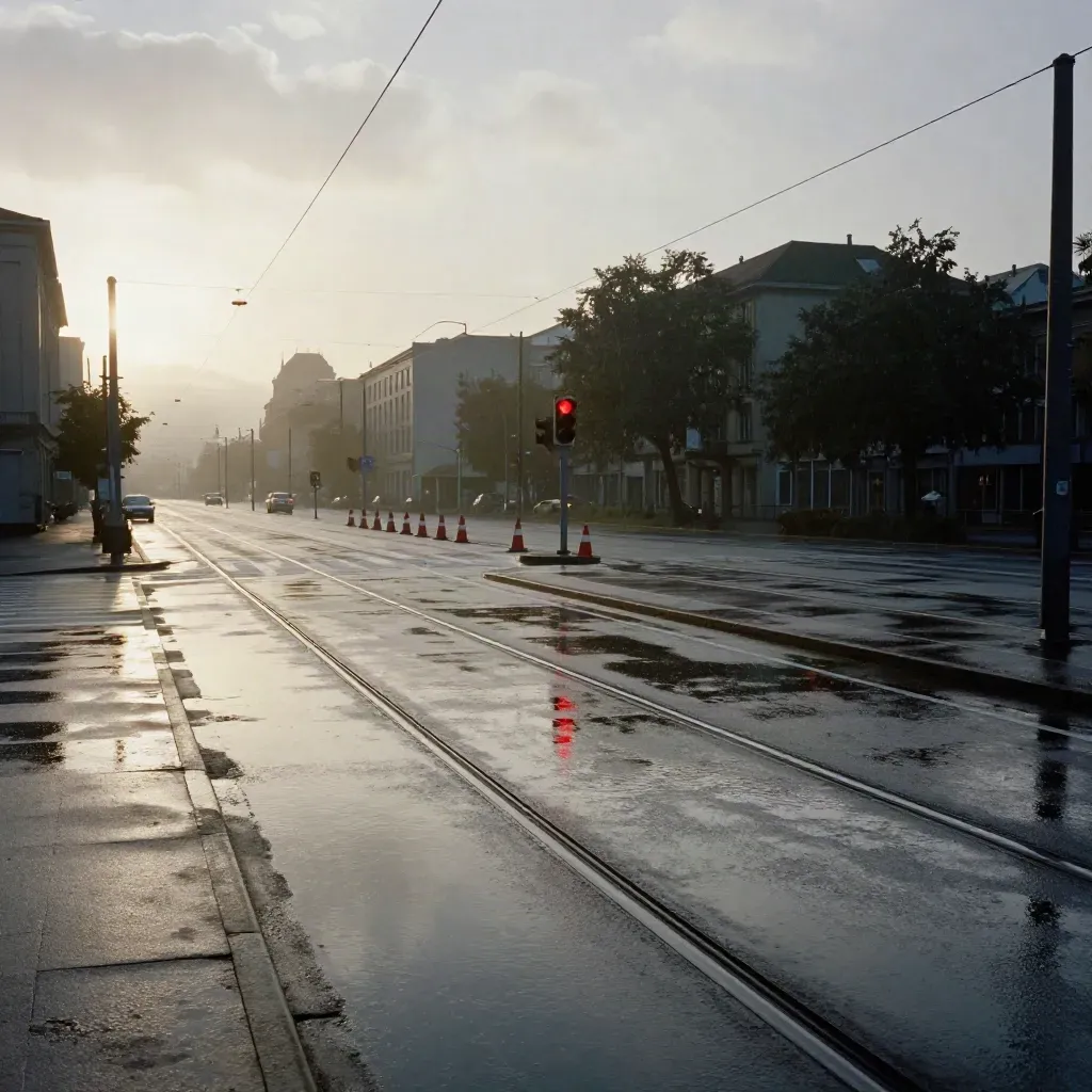 Nasse Tramspuren an einer Hessener Kreuzung im Morgengrauen mit rotem Signallicht.