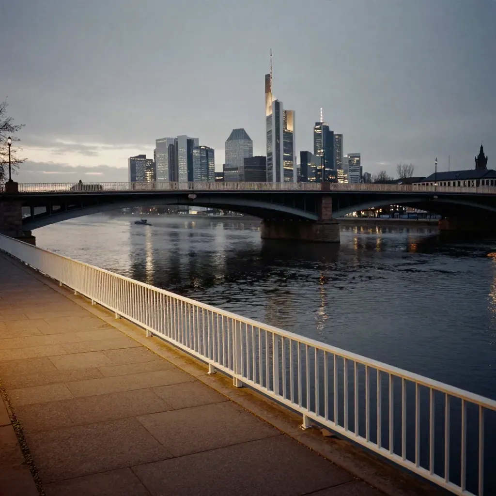 Mainbrücke bei Abenddämmerung mit Frankfurter Skyline und spiegelndem Fluss.