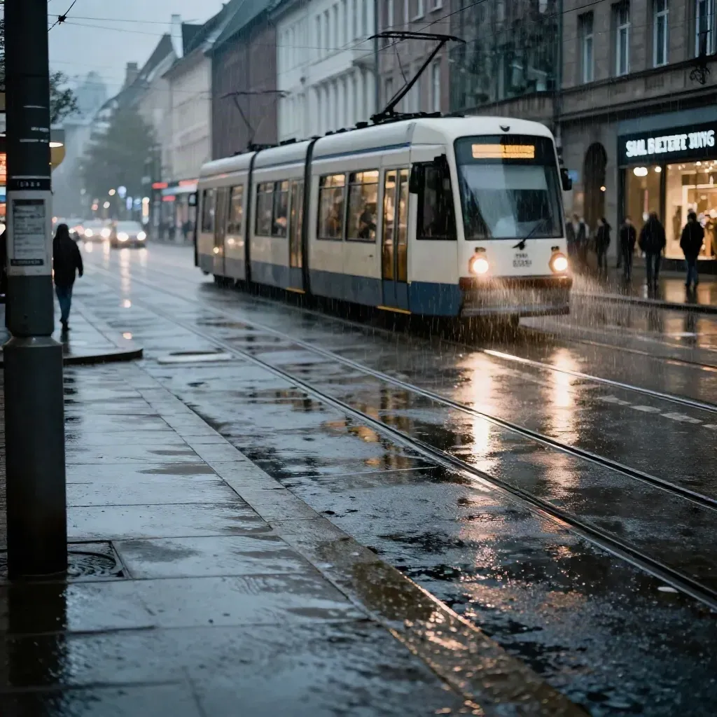 Tram fährt nachts durch nasse Kasseler Kreuzung mit Lichtspuren und Regen