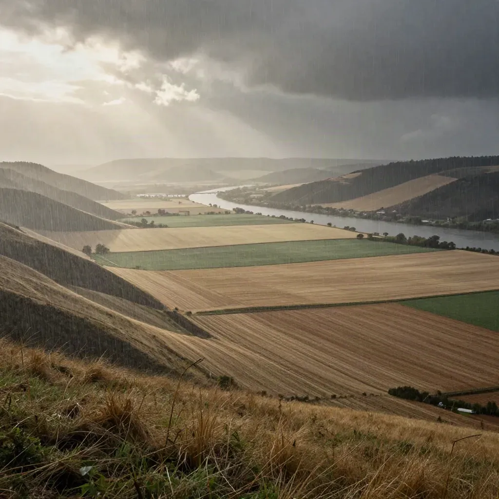 Weites Flusstal in Nordhessen mit Regenfahnen, aufleuchtenden Feldern und ferner Brücke.