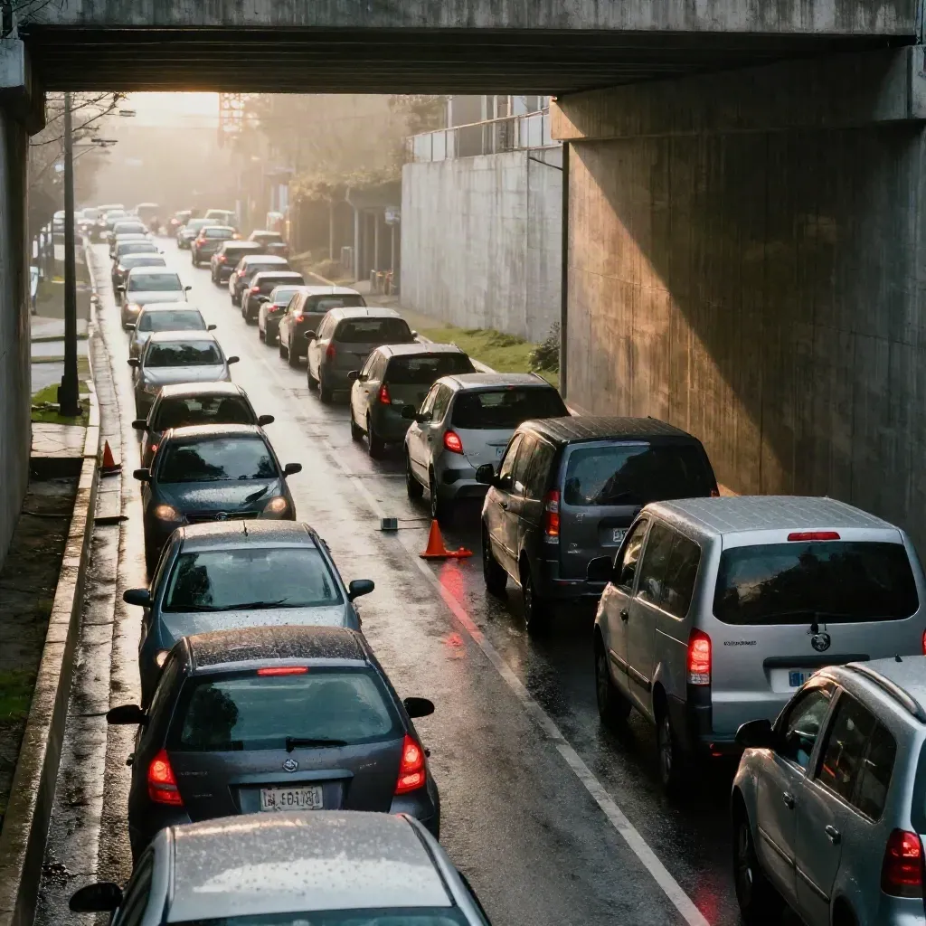 Stau unter einer Brücke mit nasser Fahrbahn und roten Bremslichtern am Morgen.