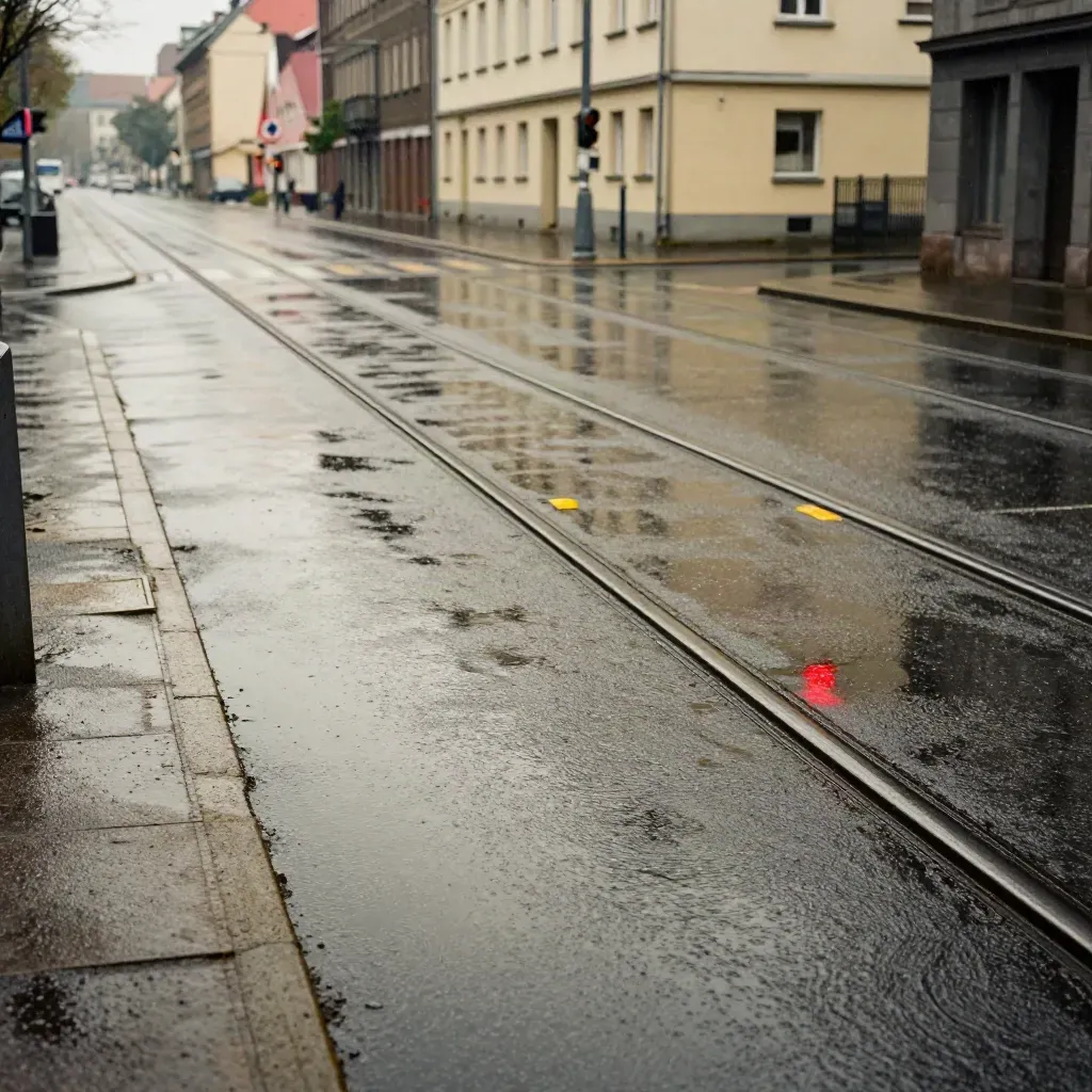 Kasseler Kreuzung im Regen mit glänzenden Tramgleisen und roter Spiegelung