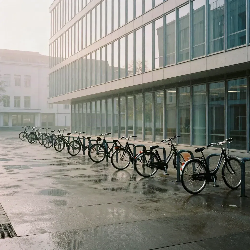 Darmstädter Campus mit Glasfassade, Fahrradständern und nasser Betonfläche im Morgenlicht.