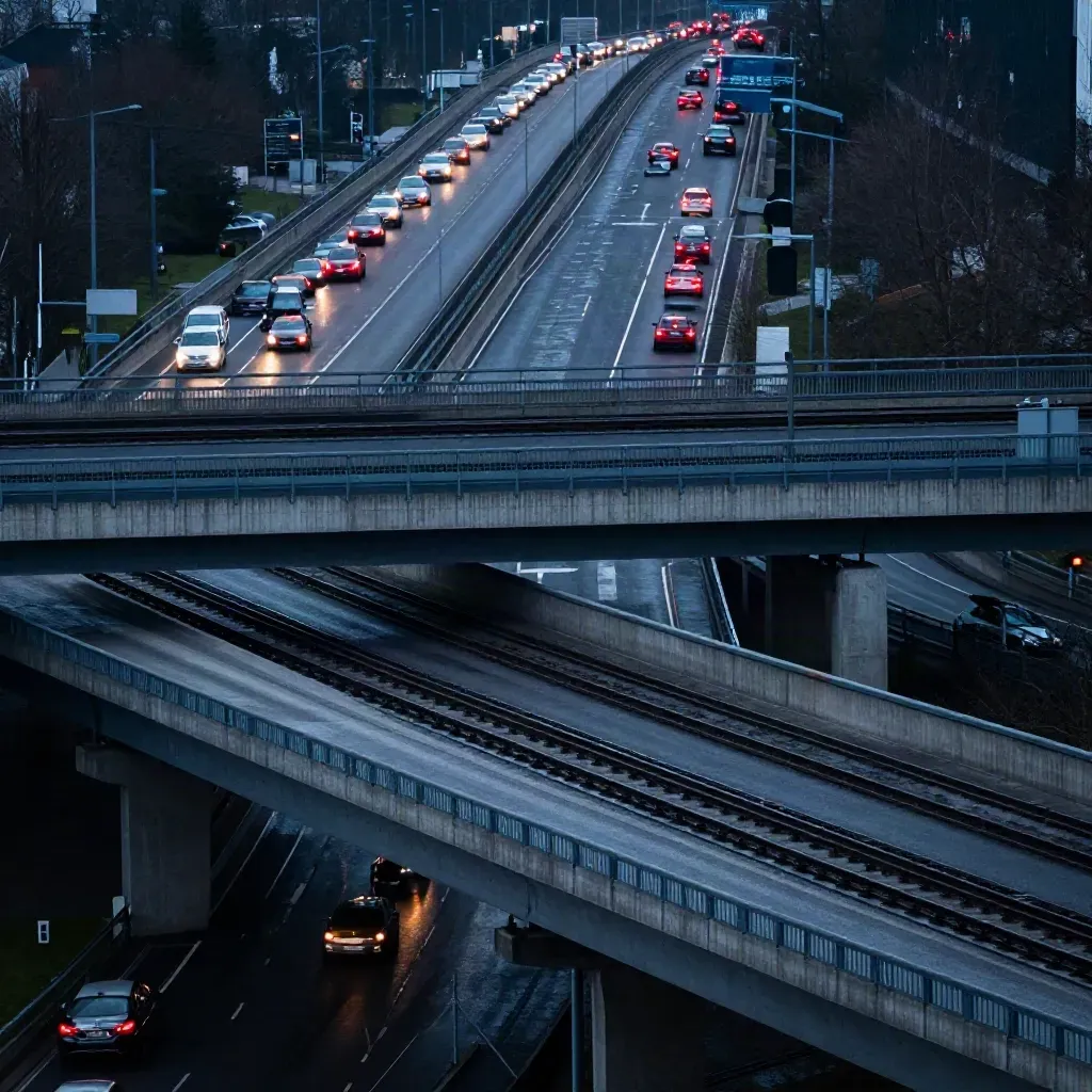 Blick über einen Rhein-Main-Verkehrsknoten mit Brücken, Gleisen und roten Autolichtern in der Dämmerung