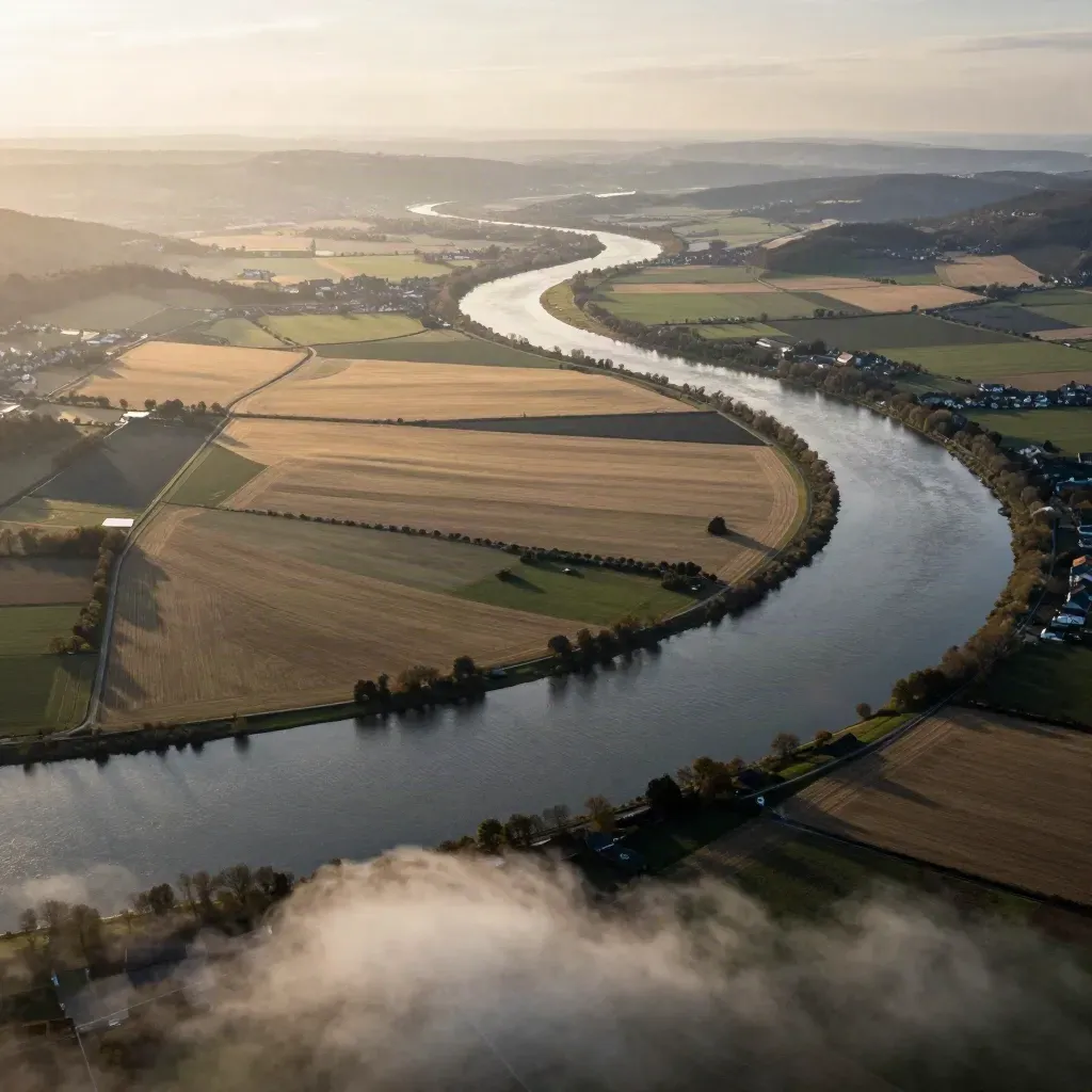 Luftbild über Hessen mit Flussbiegungen, Feldern und Sonnenstreifen nach einer Front.