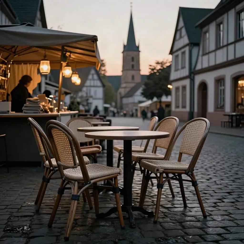 Leerer Wochenendplatz mit Caféstühlen, Laternen und Kirchturm im Abendlicht