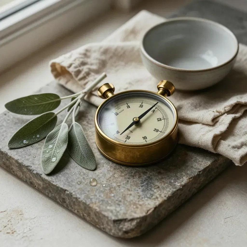 Messing-Barometer, Leinentuch, Schale und nasser Zweig auf Steinplatte
