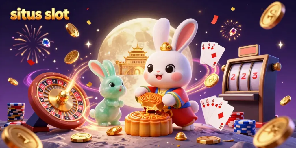 Experience the fun of situs slot with a lively scene featuring a moon rabbit, casino elements, and dynamic gameplay.