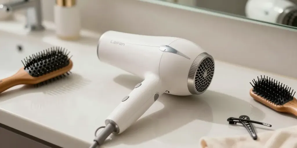 Close-up of the Laifen Mini haartrockner on a bathroom counter with styling tools.