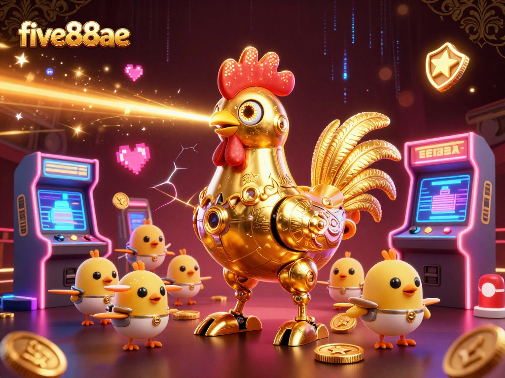 Engage with five88ae through vibrant gaming adventures including a golden rooster robot and arcade machines.