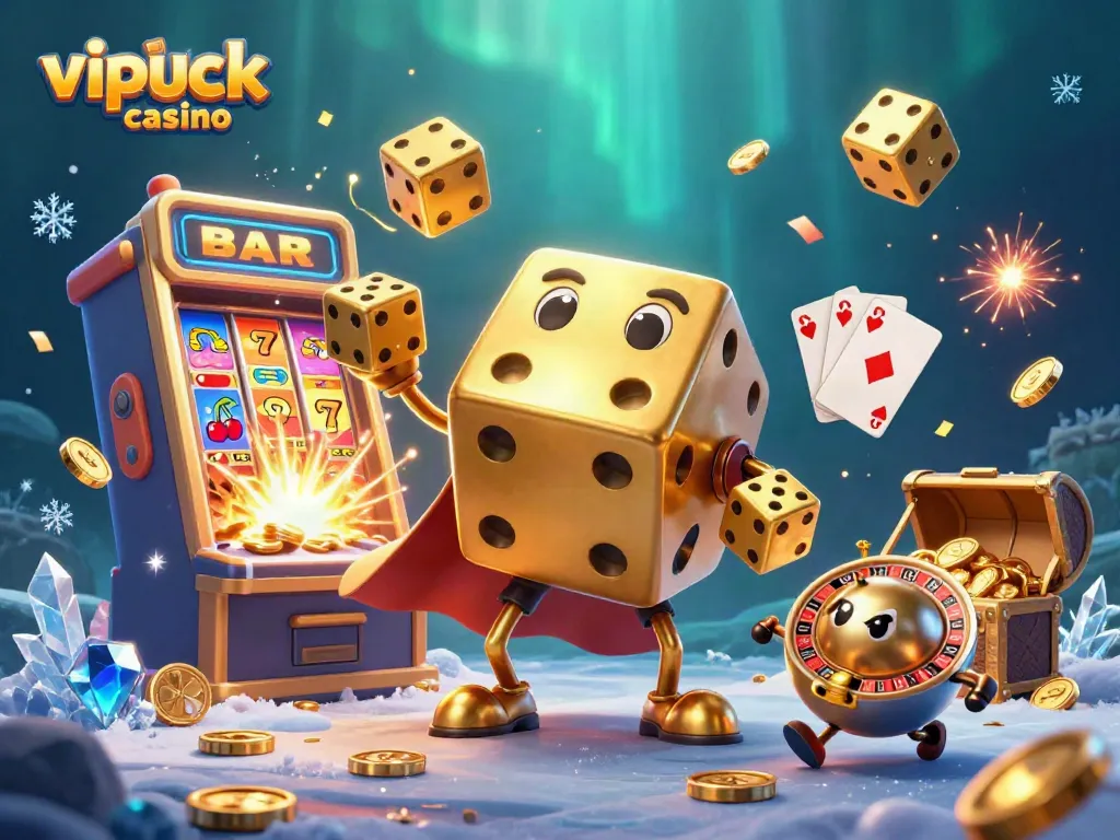 Experience the vibrant gaming action at vipluck casino with golden dice and slot machines.
