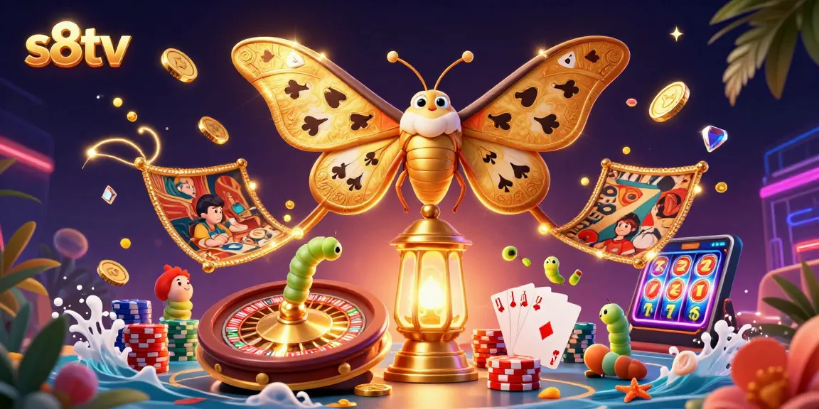 S8TV captivates sports fans with a vibrant illustration of lottery-inspired moths amidst casino visuals.