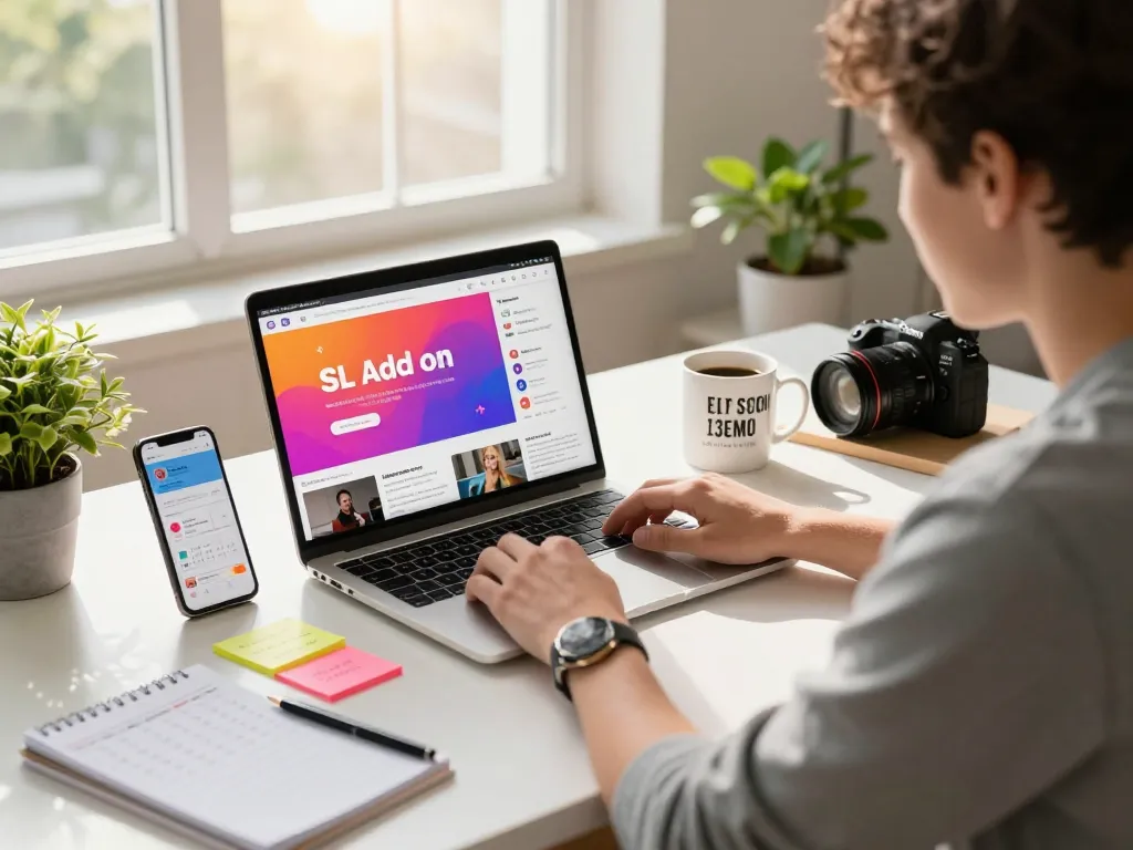 Entrepreneur creating vibrant ads for SL Add in a modern home office filled with sunlight.