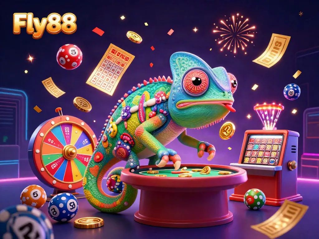 Experience thrilling gambling action with Fly88's vibrant casino scene featuring a chameleon and dynamic game elements.