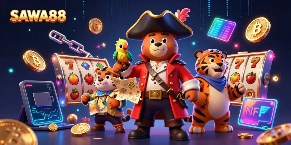 Experience thrilling jackpots with SAWA888, featuring a whimsical bear pirate, tiger, and treasure map in a vibrant casino scene.