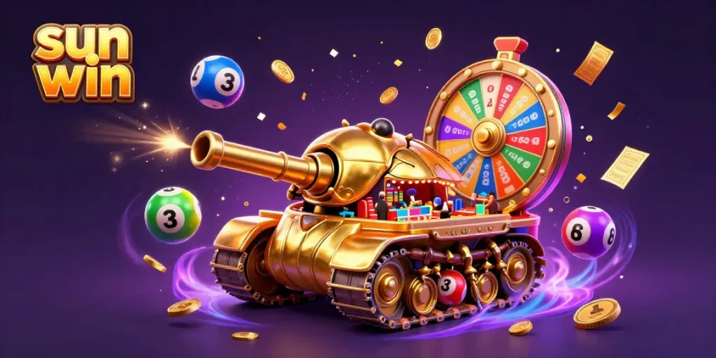 Join the excitement of sun win with a vibrant 3D casino tank shooting coins and confetti.
