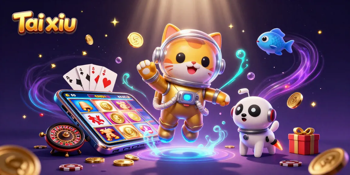 Experience Tai xiu excitement with golden coins and slot games erupting in a vibrant 3D scene.