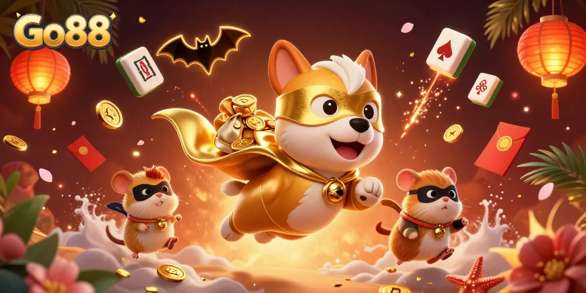 Engage with Go88's dynamic gaming adventure featuring a superhero dog and hamster in a vibrant casino setting.