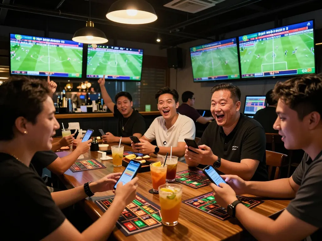 Tỷ lệ kèo nhà cái 5 encouraging patrons to place bets in vibrant sports bar atmosphere.