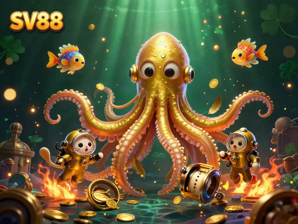 Celebrate winning at SV88 with a vibrant illustration of a kraken and diving cat amidst slot games and golden treasures.
