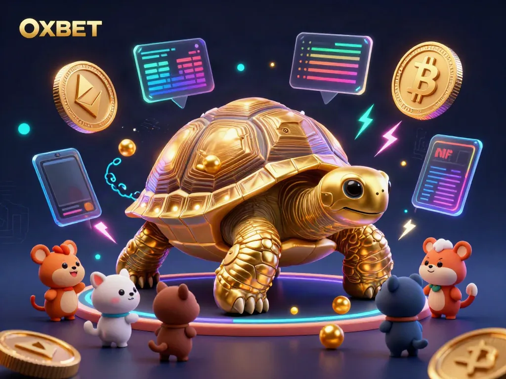 Experience exciting gameplay at OXBET with a whimsical illustration of a tortoise pinball machine and crypto elements.