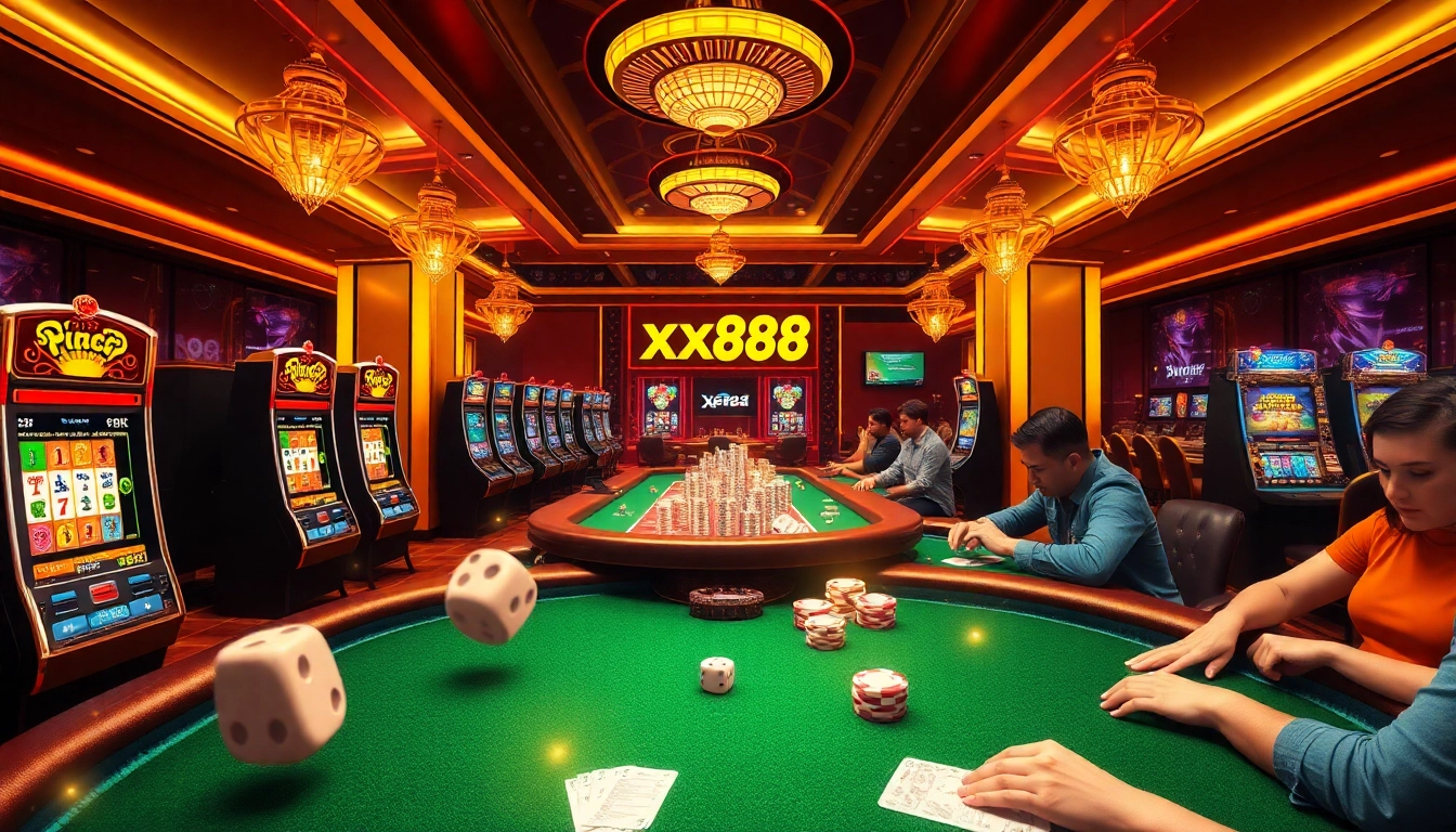 Exciting online gambling scene at https://xx88.pizza/ with vibrant tables, players, and casino props.