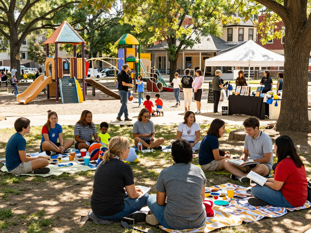 The community engaging at https://www.thedrowntown.com in a vibrant park filled with activities and local vendors.