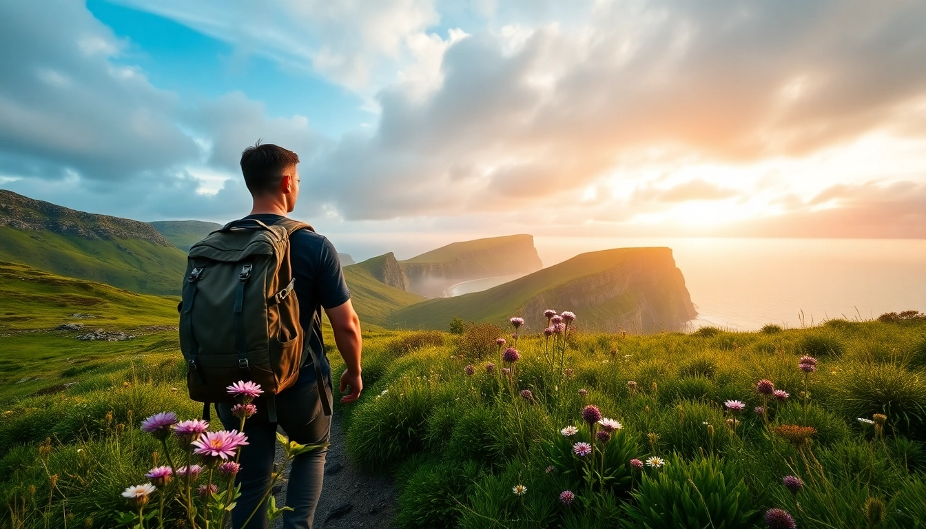 Irland wandern auf malerischen Wanderwegen mit grünen Hügeln und dramatischen Klippen.