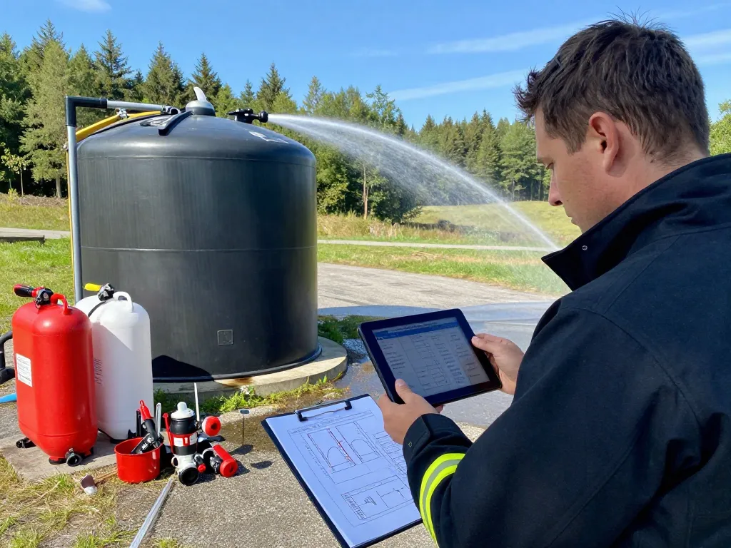 Experte bewertet Löschwasserzisterne Berechnung Löschwasserbedarf im Freien mit tragbaren Löschwassertanks.
