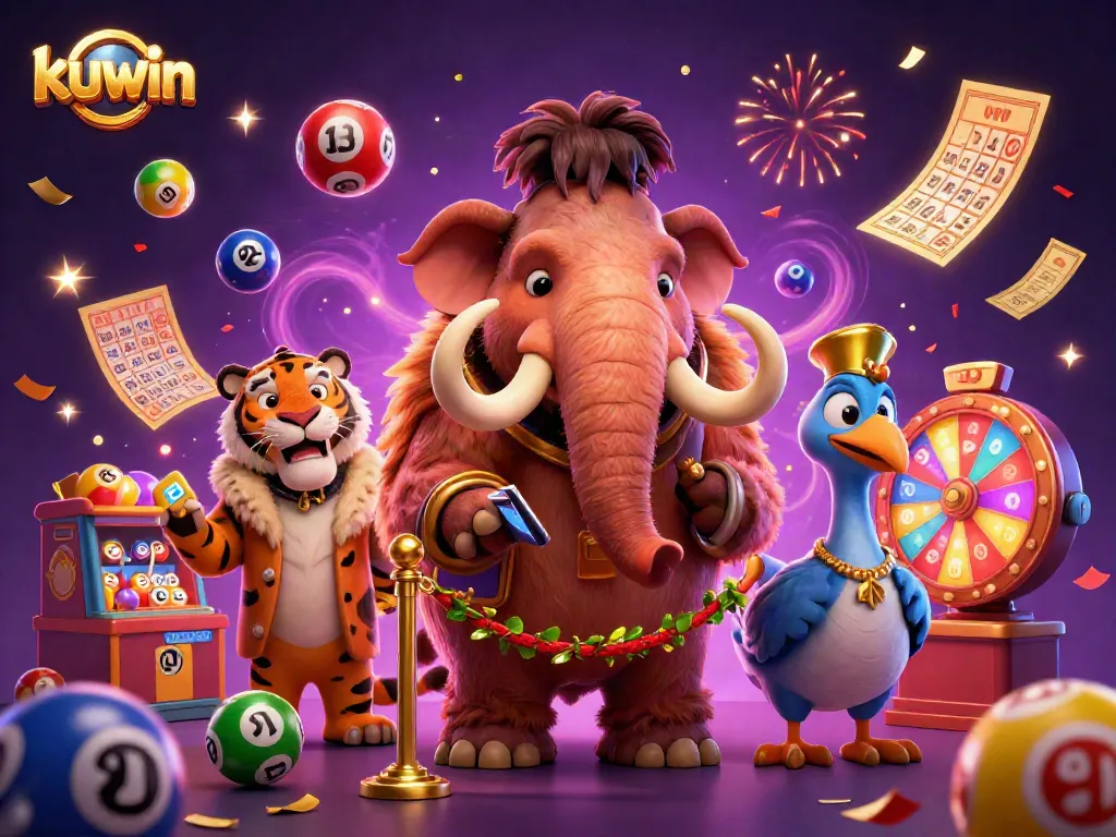Kuwin VIP casino scene featuring a woolly mammoth bouncer and a saber-tooth tiger guest.